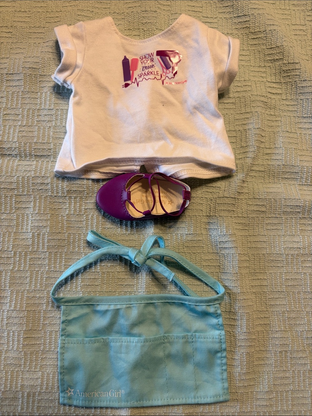American Girl Kids Accessories Set - White Top, Purple Shoe, Light Blue apron